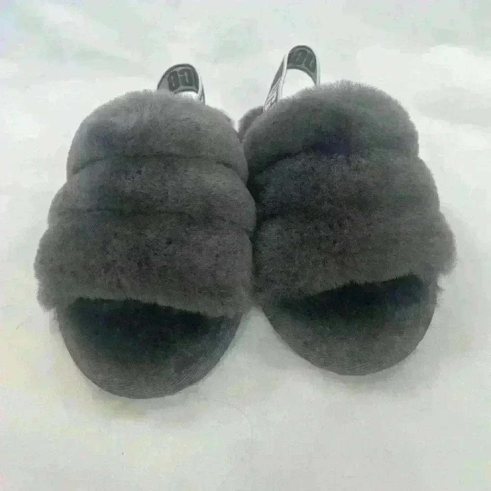 NEW UGG toddler kids fluff yeah gray back strap slipper toddler size 11